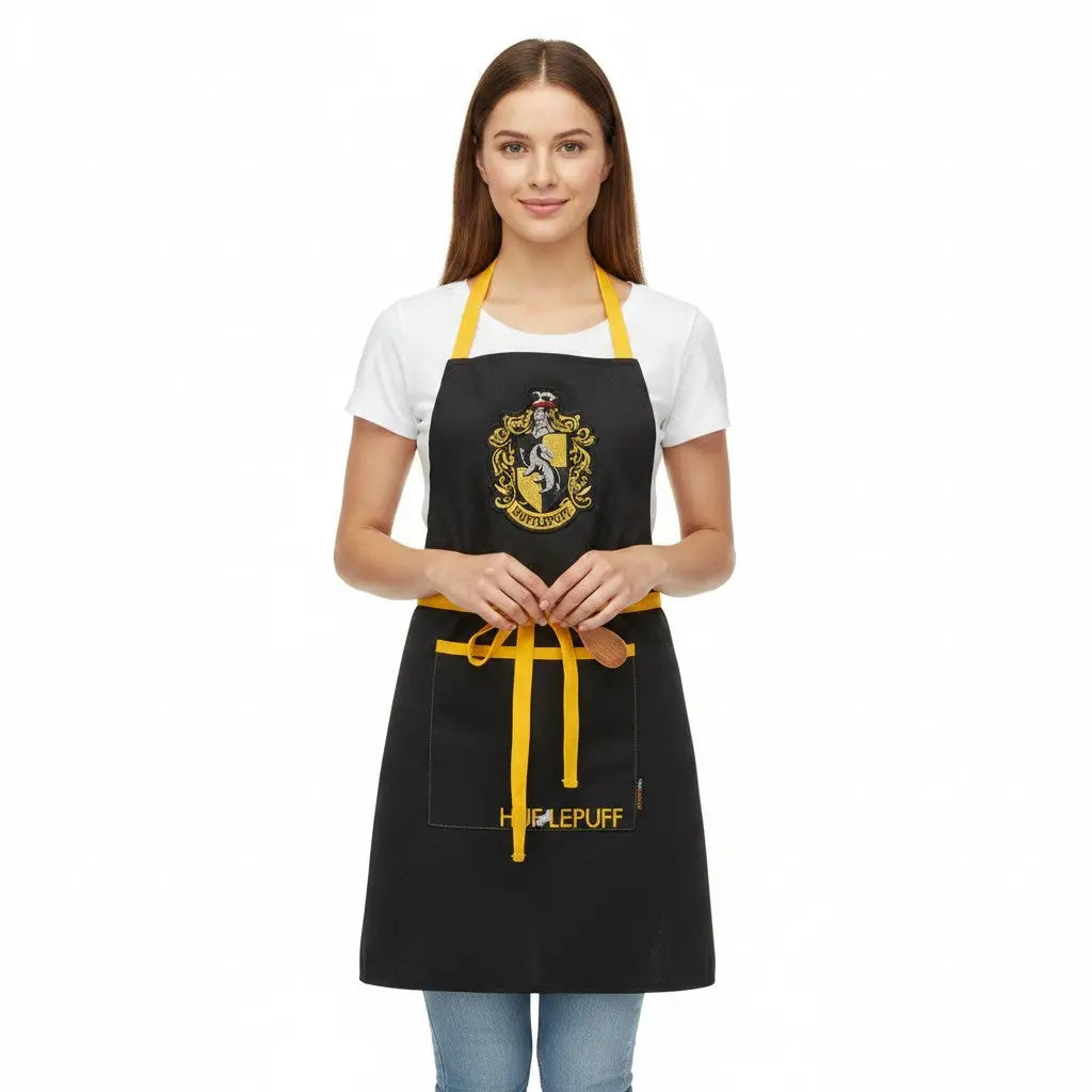 Tablier noir unisexe La boutique Aux 2 Balais, 80% polyester 20% coton, avec écusson Poufsouffle et inscription Hufflepuff, poche frontale, licence Warner Bros.