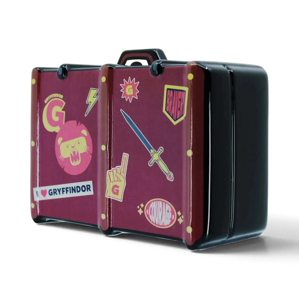 Tirelire en céramique La boutique Aux 2 Balais en forme de valise Gryffondor rouge avec des autocollants décoratifs
