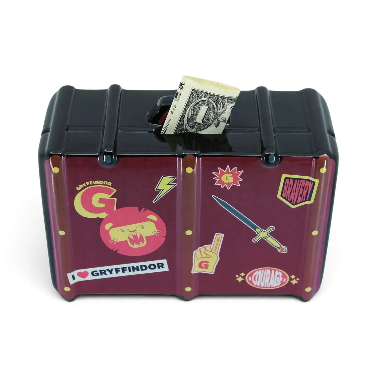 Tirelire valise en céramique La boutique Aux 2 Balais aux couleurs de Gryffondor avec des autocollants décoratifs