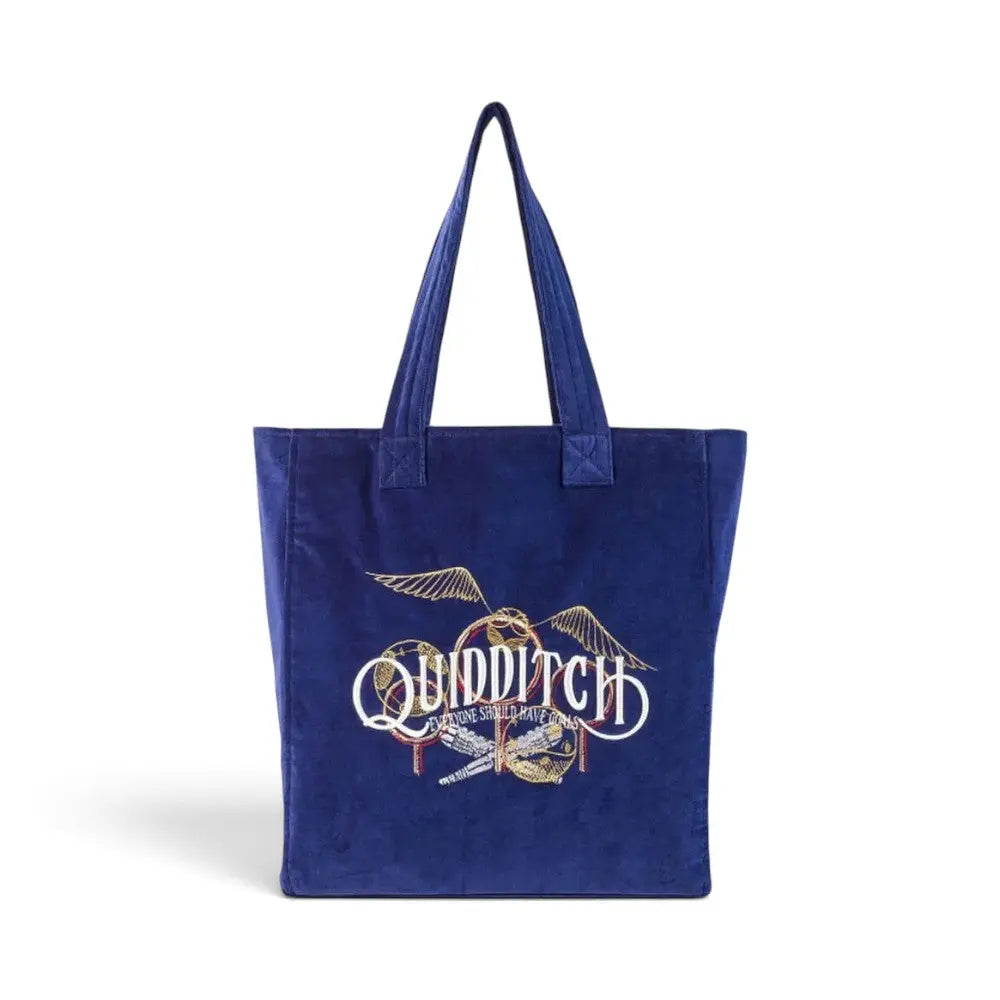Tote bag La boutique Aux 2 Balais en velours bleu marine avec broderie dorée Harry Potter Quidditch