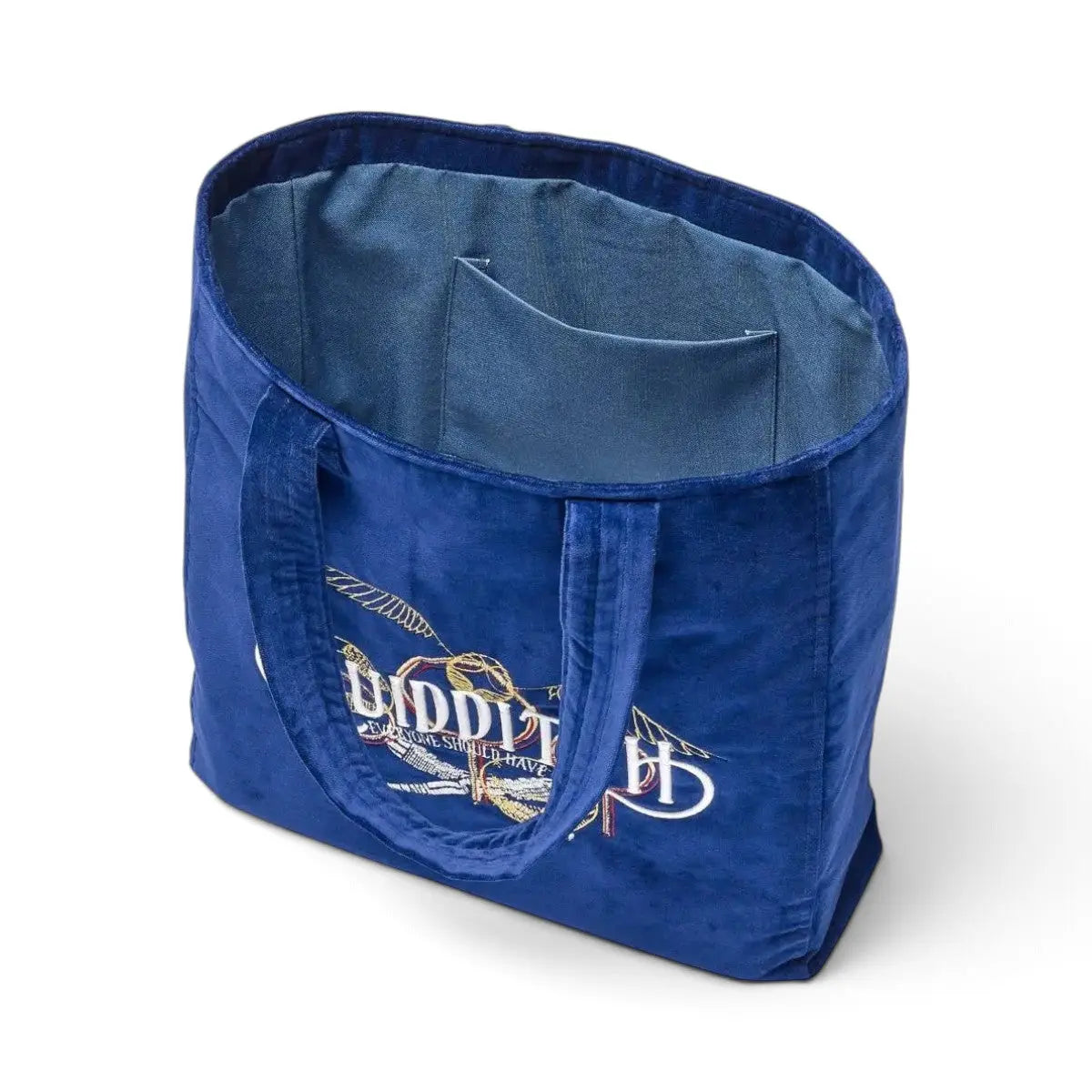 Tote bag La boutique Aux 2 Balais en velours bleu marine avec broderie Harry Potter Quidditch et poche intérieure