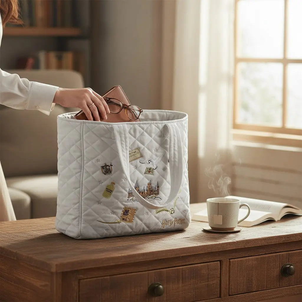 Tote bag premium La boutique Aux 2 Balais en velours matelassé blanc avec broderies Harry Potter sur une table en bois