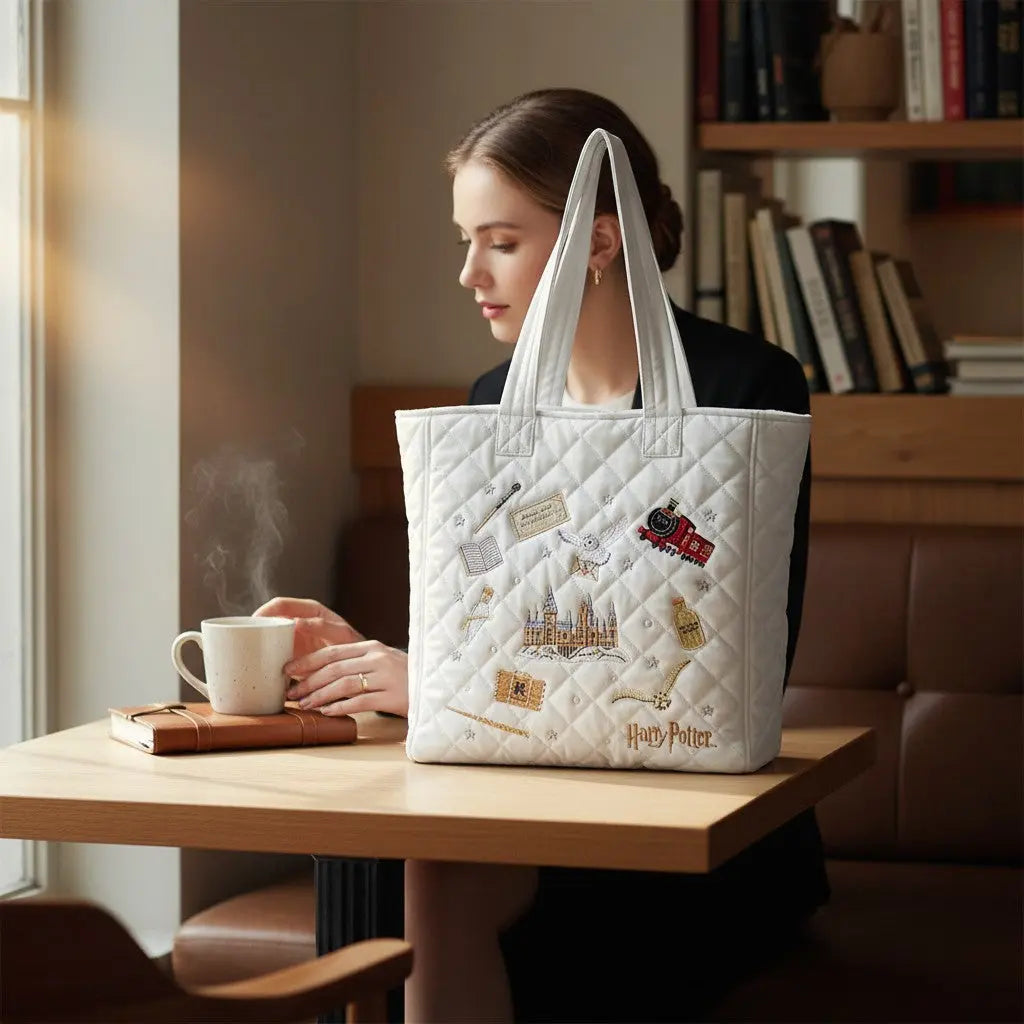Tote bag La boutique Aux 2 Balais blanc en velours matelassé avec broderies Harry Potter porté par une femme au café
