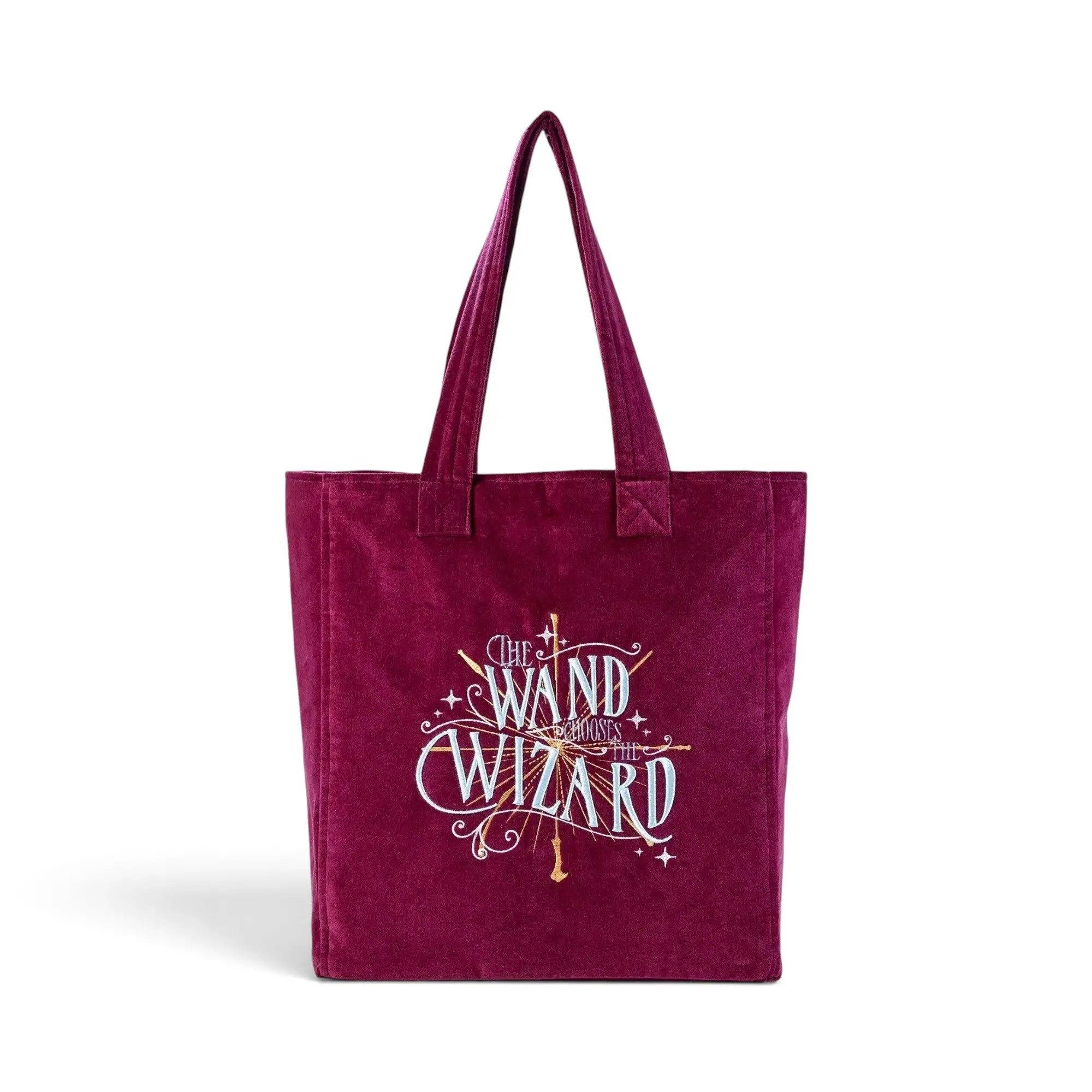 Tote bag La boutique Aux 2 Balais en velours bordeaux avec broderie Harry Potter The Wand Chooses the Wizard