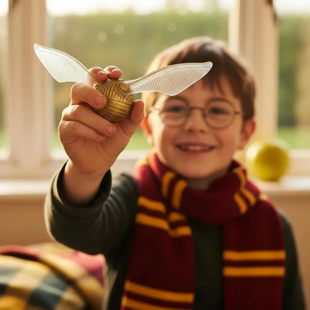 La boutique Aux 2 Balais Vif d'Or Harry Potter doré en plastique avec ailes transparentes, réplique 15 cm