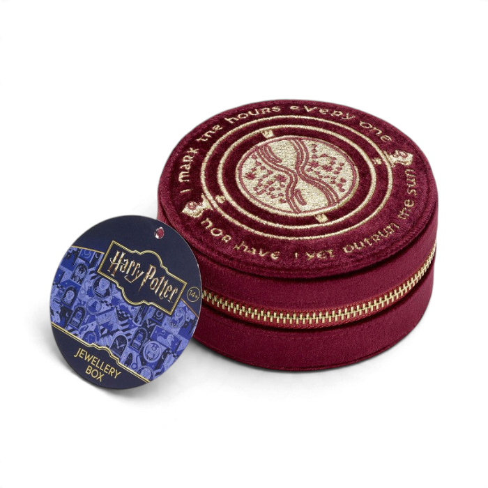 Boite bijoux La boutique Aux 2 Balais en velours bordeaux avec broderie dorée Retourneur de Temps Harry Potter