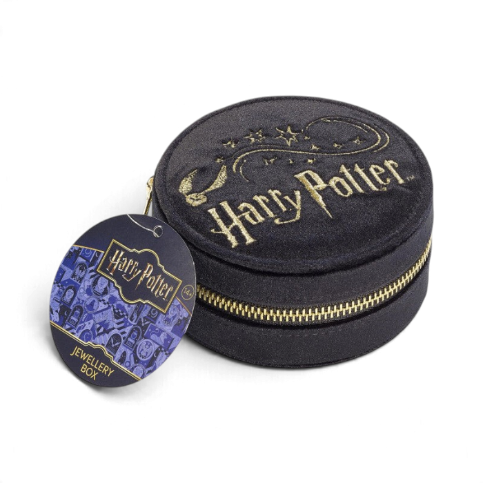 Boîte à bijoux ronde en velours noir La boutique Aux 2 Balais avec broderie dorée Harry Potter et Vif d'or