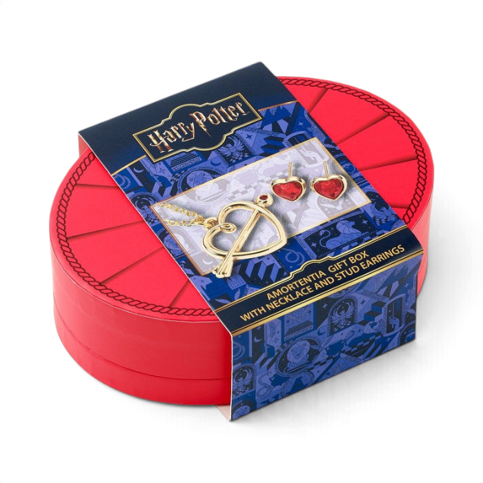Coffret cadeau La boutique Aux 2 Balais Harry Potter Amortentia avec collier cœur et boucles d'oreilles rouges