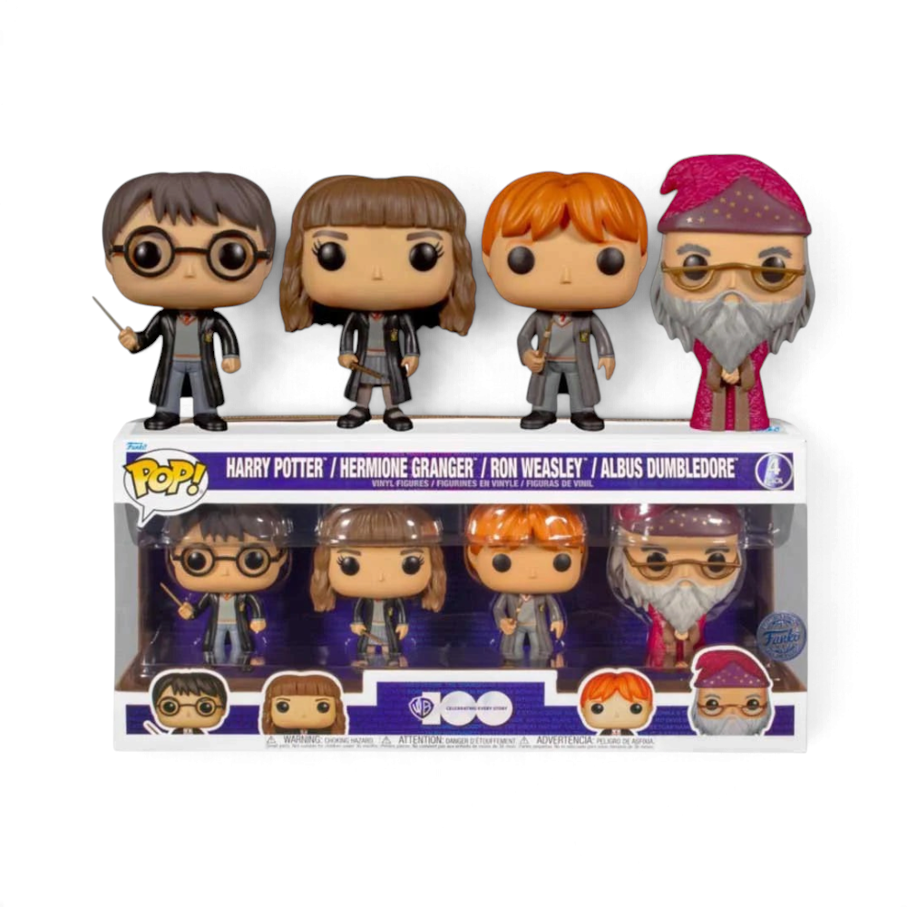 Coffret La boutique Aux 2 Balais de 4 figurines Funko POP Harry Potter, Hermione, Ron et Dumbledore édition D100