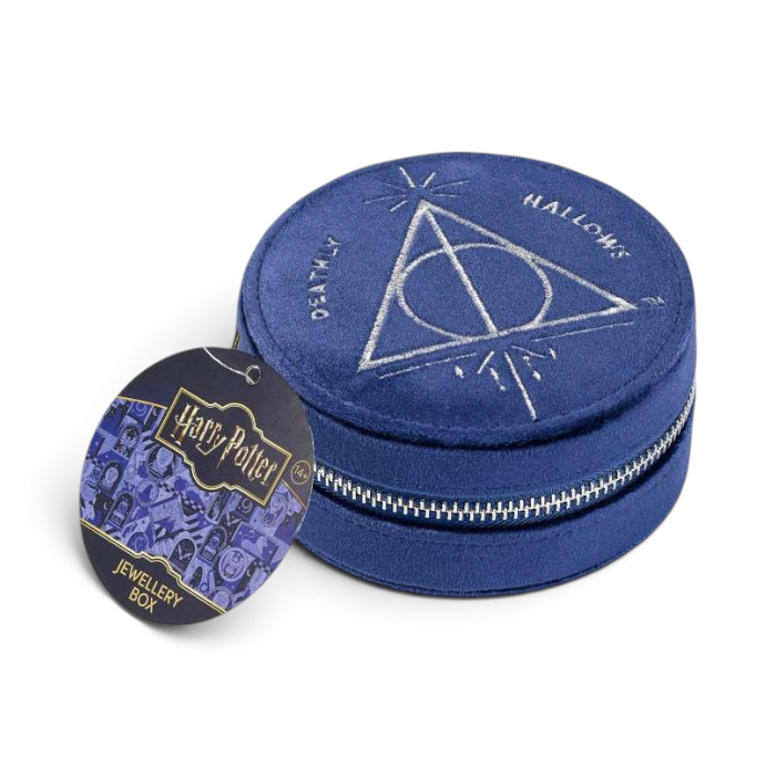 Boîte à bijoux ronde en velours bleu La boutique Aux 2 Balais avec le symbole des Reliques de la Mort brodé