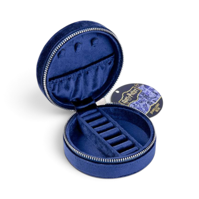 Boîte à bijoux ronde en velours bleu La boutique Aux 2 Balais avec compartiments pour bagues et colliers