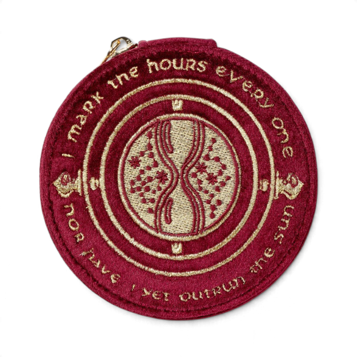 Boîte à bijoux La boutique Aux 2 Balais ronde en velours bordeaux avec broderie dorée Retourneur de Temps