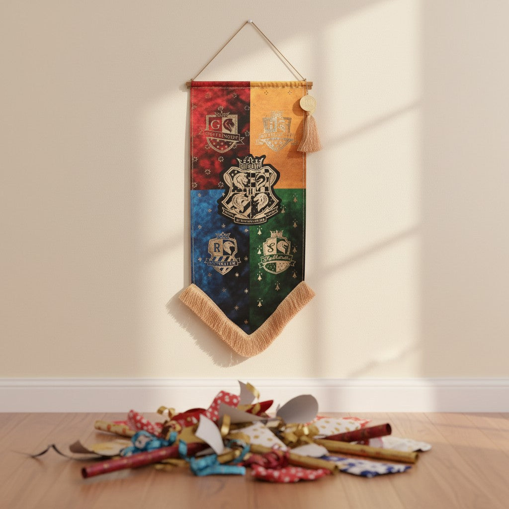 Bannière étendard Hogwarts La boutique Aux 2 Balais avec les blasons des quatre maisons de Poudlard et pompons dorés.