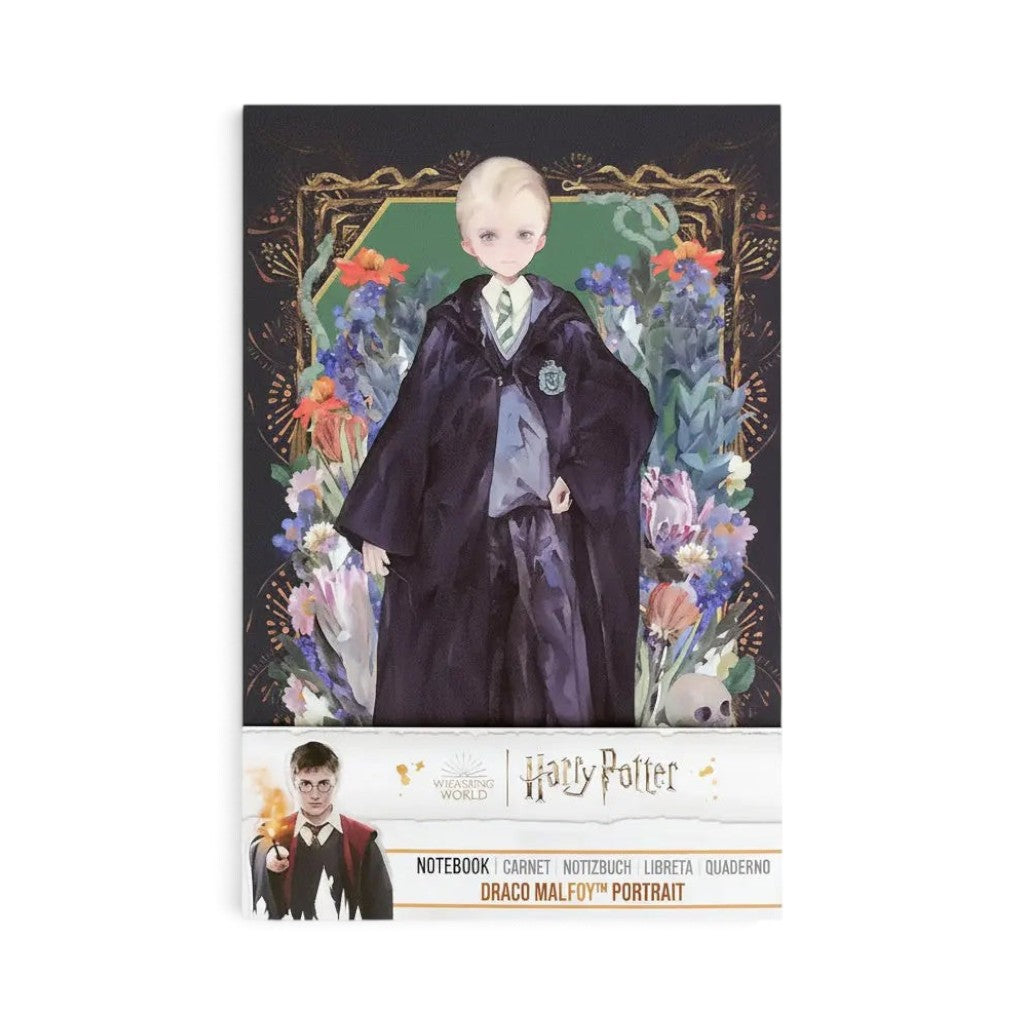 Carnet de notes A5 La boutique Aux 2 Balais avec portrait stylisé de Drago Malefoy sur fond floral sombre