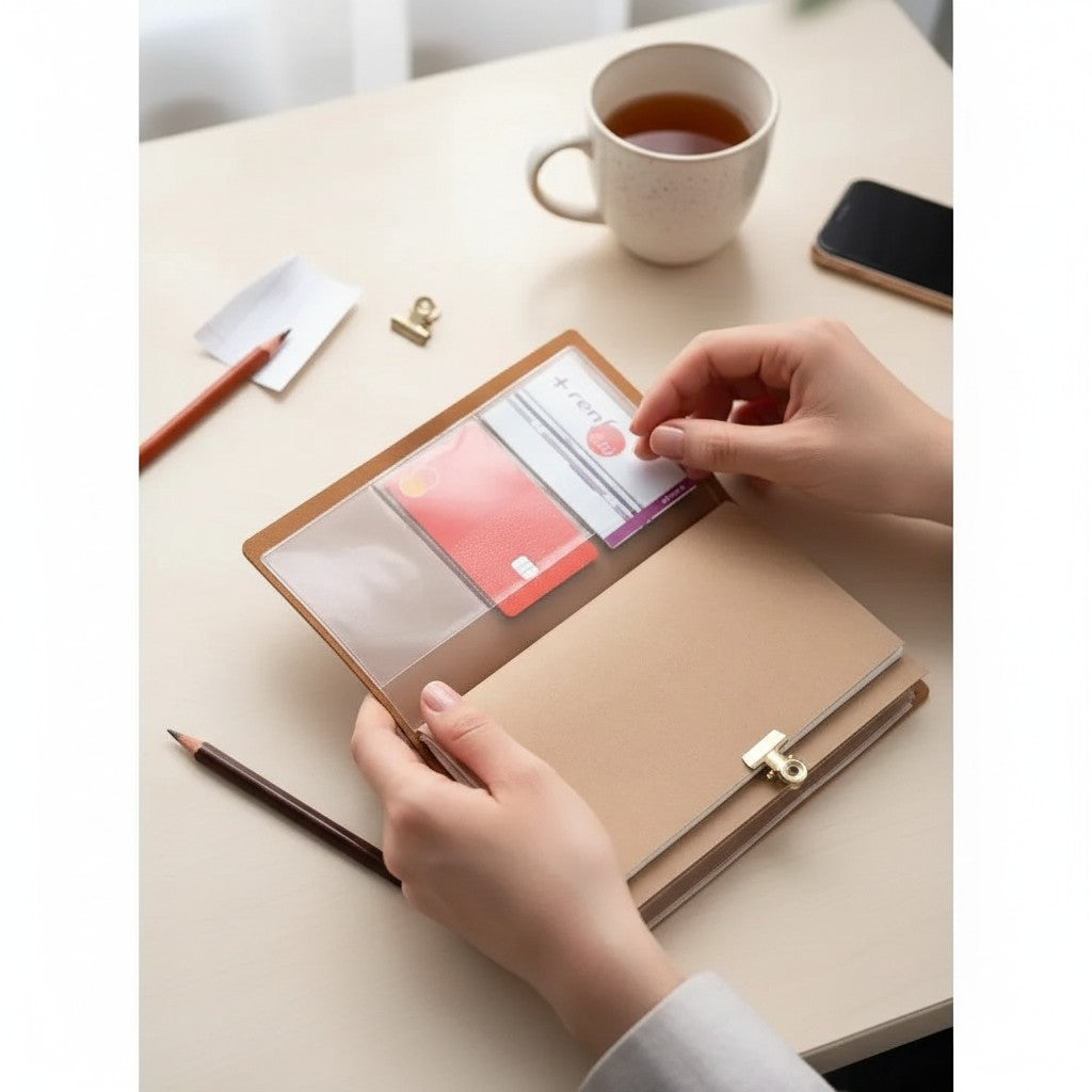 Mains ouvrant le carnet de voyage La boutique Aux 2 Balais Gryffondor en cuir synthétique avec porte-cartes intégré