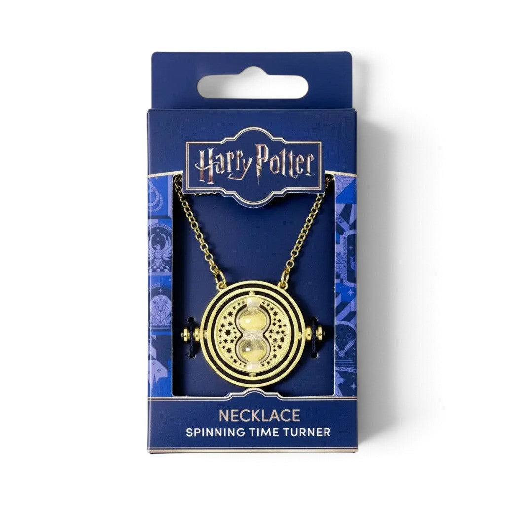 Collier retourneur de temps doré La boutique Aux 2 Balais dans son coffret vitrine officiel Harry Potter