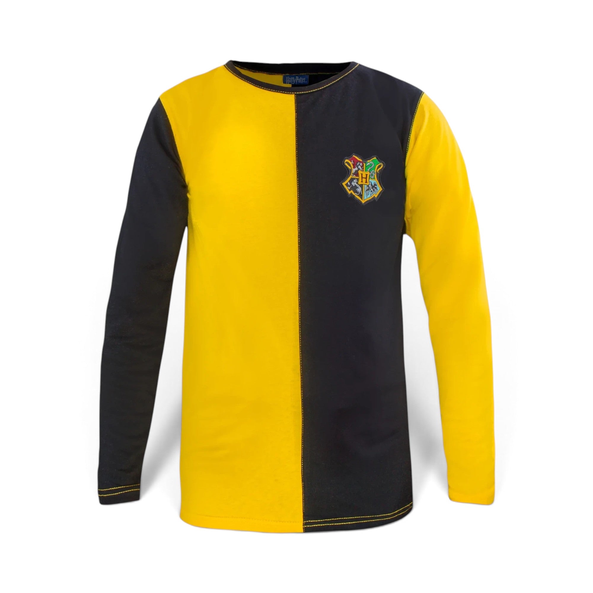 T-shirt manches longues La boutique Aux 2 Balais jaune et noir avec écusson Poudlard brodé, style Cédric Diggory