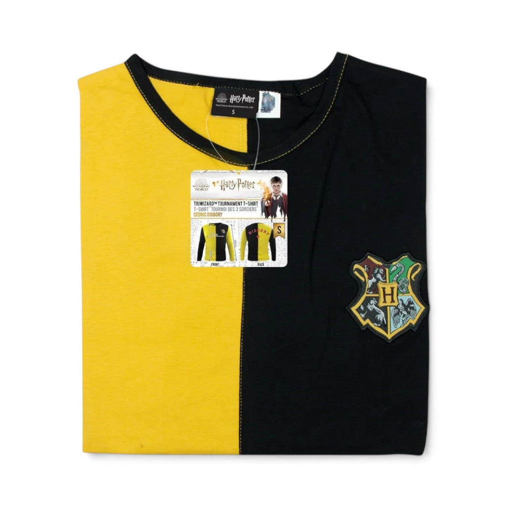 T-shirt La boutique Aux 2 Balais Cédric Diggory jaune et noir en coton avec écusson Poudlard brodé