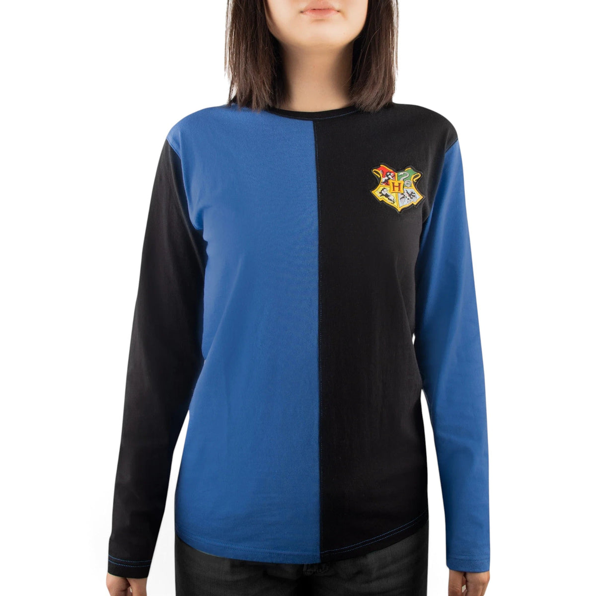 T-shirt La boutique Aux 2 Balais Cho Chang Serdaigle bicolore bleu et noir en coton avec blason Poudlard