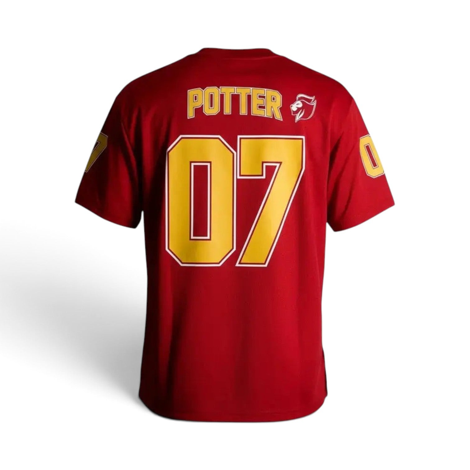 Vue arrière du t-shirt La boutique Aux 2 Balais Gryffondor Sports US rouge et or avec le nom POTTER et le numéro 07