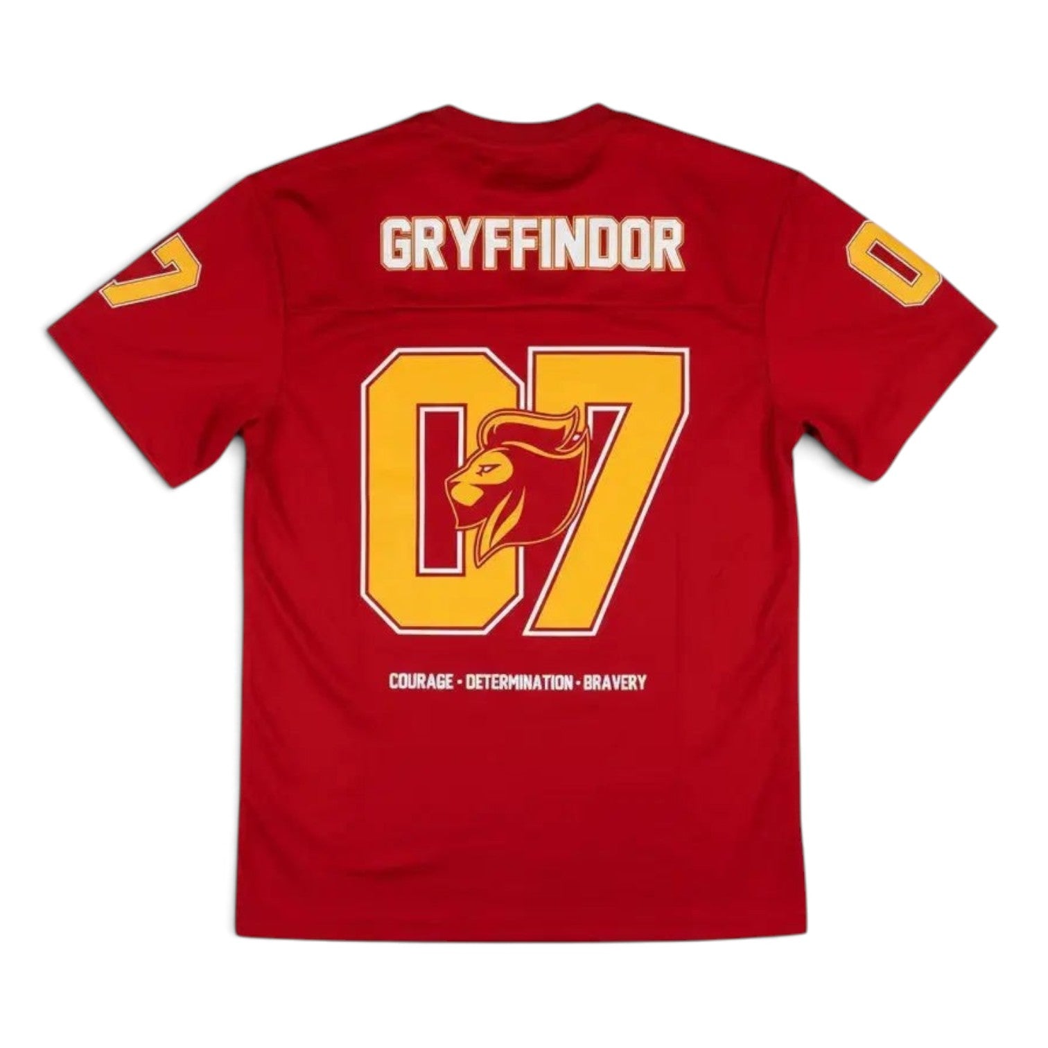 Vue arrière du t-shirt La boutique Aux 2 Balais Gryffondor Sports US rouge et or en polyester avec logo lion