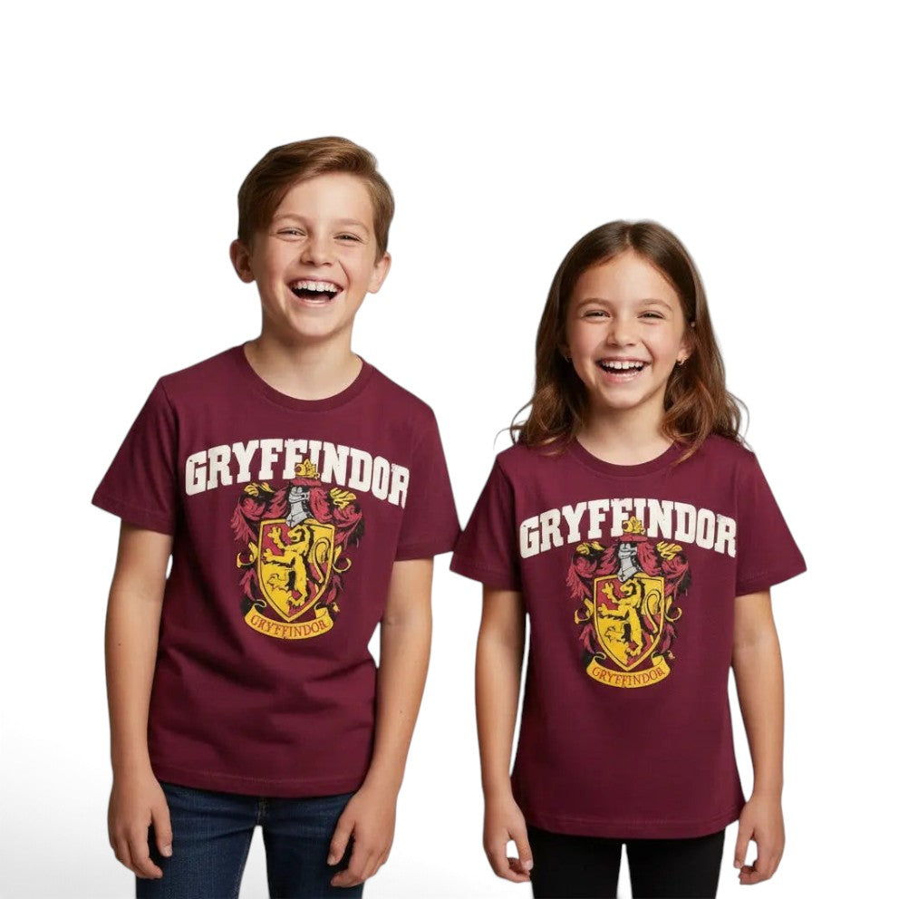 Enfant portant un t-shirt bordeaux La boutique Aux 2 Balais avec le blason Gryffondor Harry Potter en rouge et or