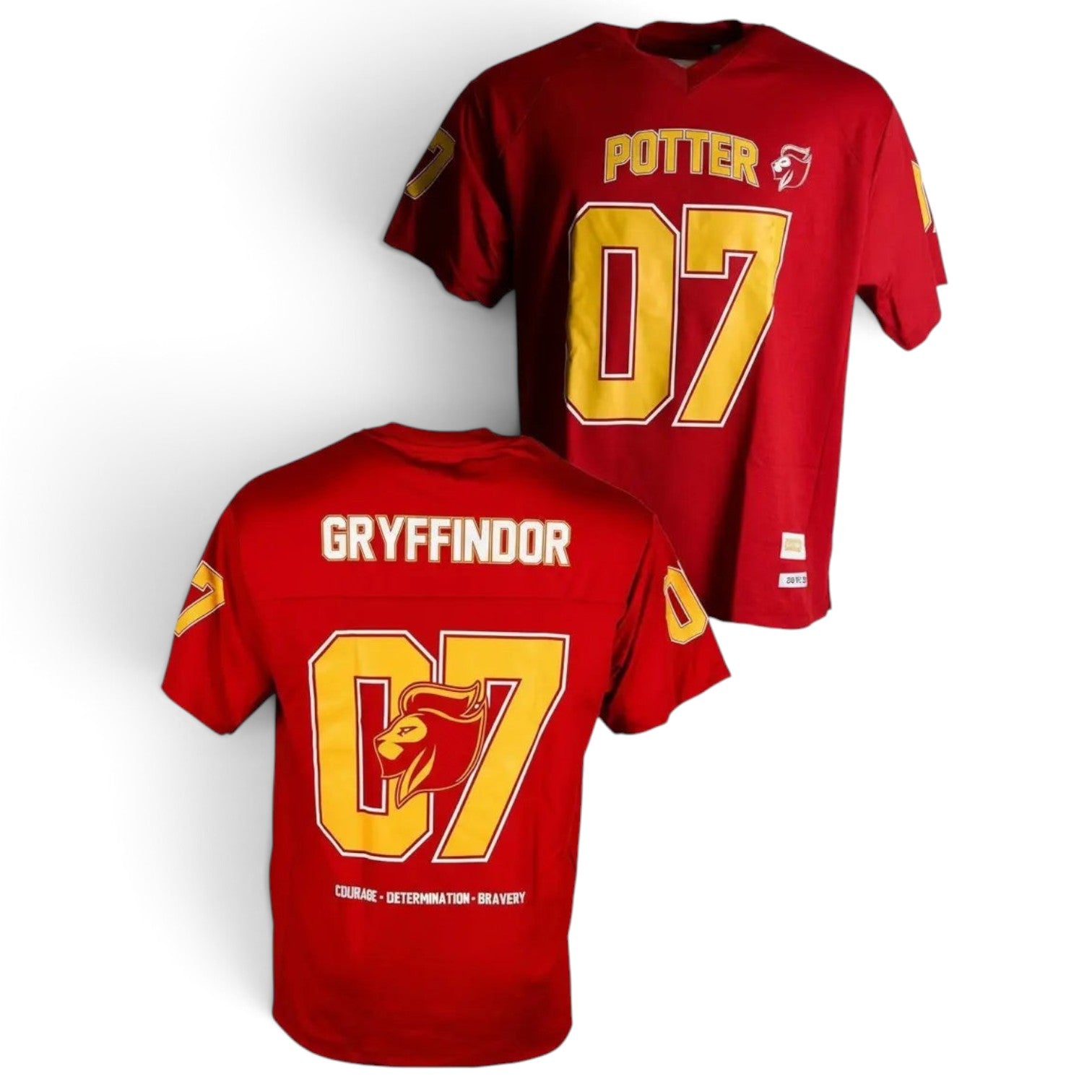 T-shirt La boutique Aux 2 Balais Gryffondor style maillot de sport rouge et or avec numéros et blason Harry Potter