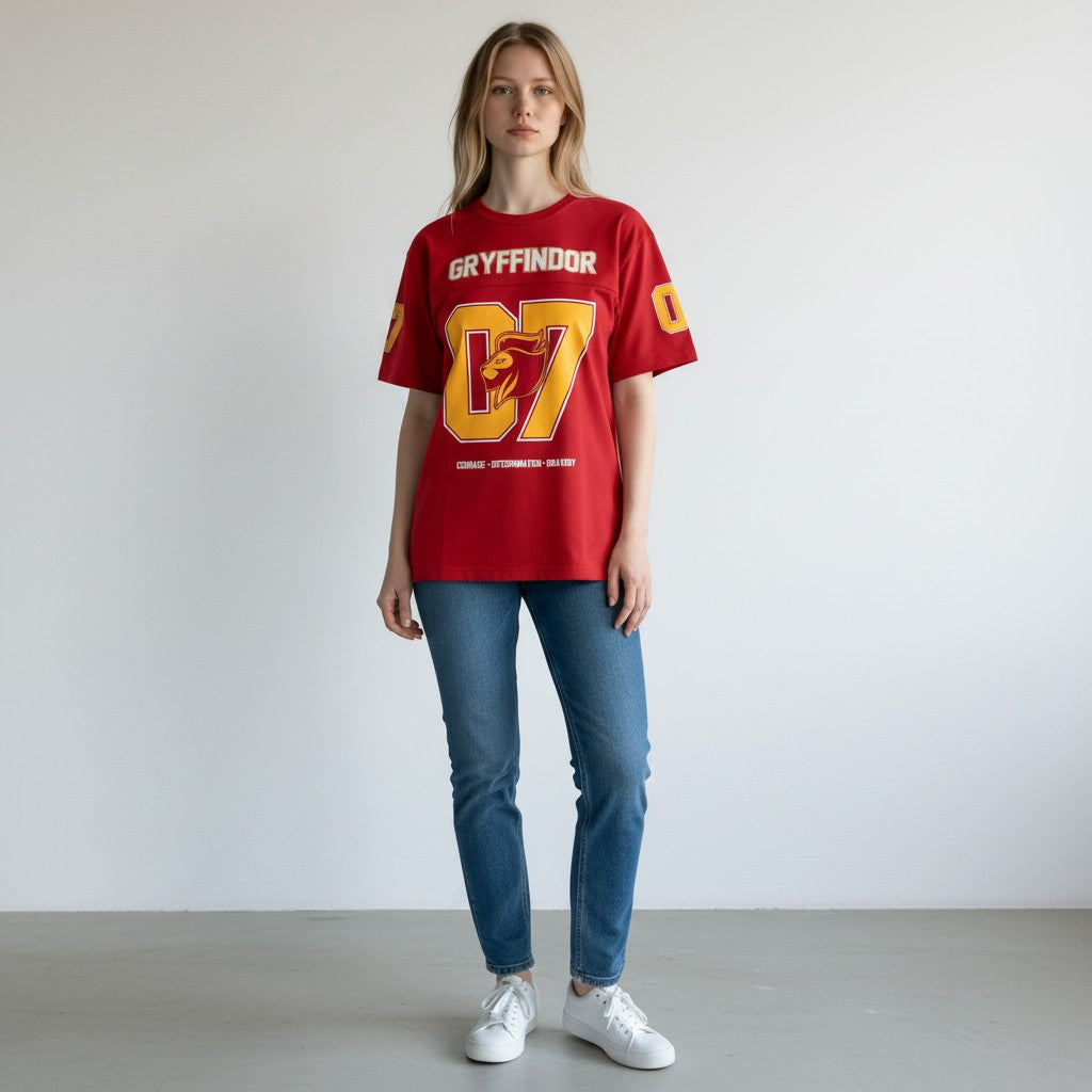Modèle portant le t-shirt La boutique Aux 2 Balais Gryffondor rouge et or style maillot de sport oversize en polyester