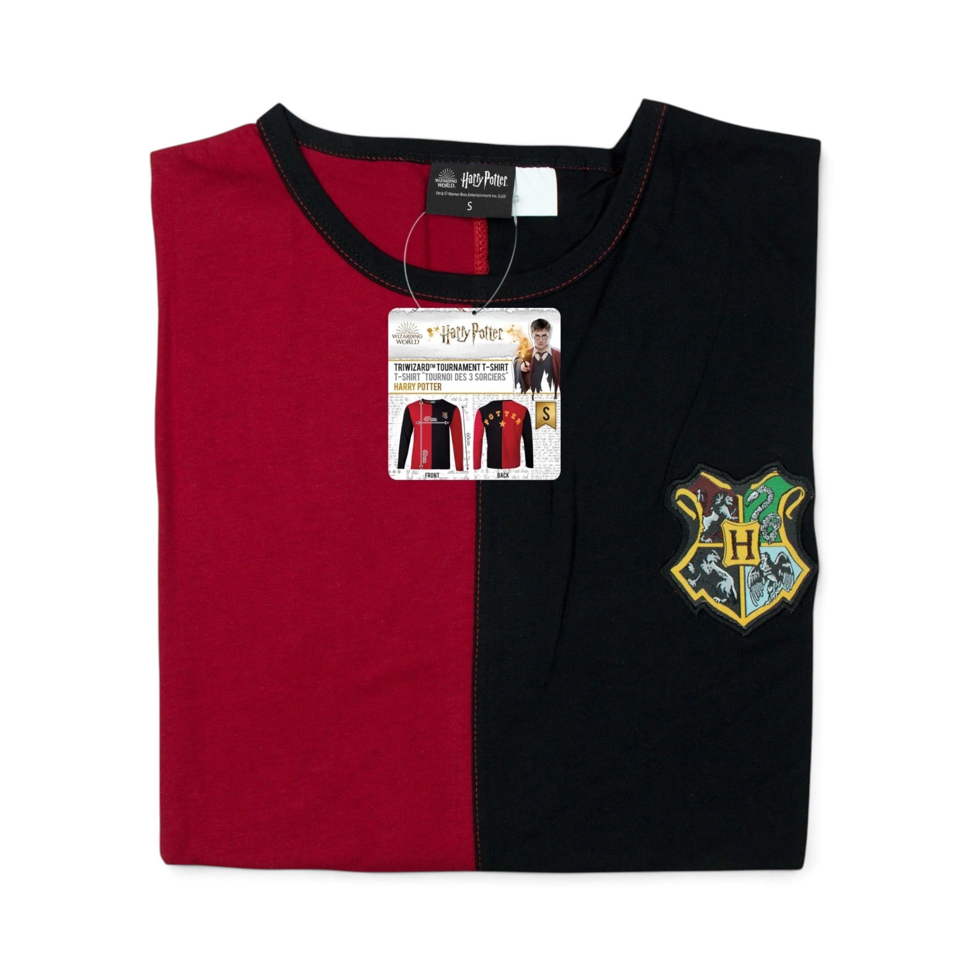 T-shirt La boutique Aux 2 Balais Harry Potter Tournoi des 3 Sorciers bicolore rouge et noir avec écusson Poudlard