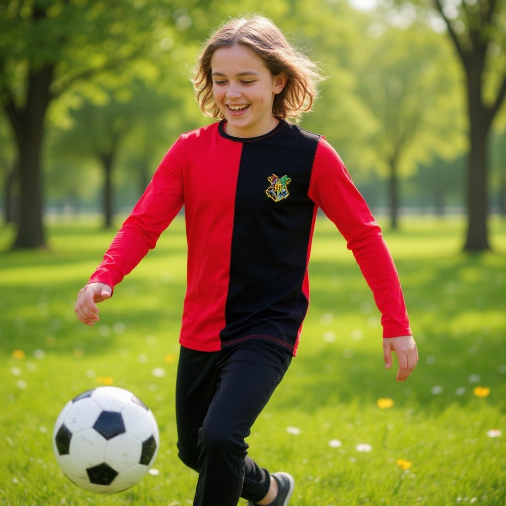 Enfant portant le t-shirt La boutique Aux 2 Balais Harry Potter Tournoi des 3 Sorciers rouge et noir en coton