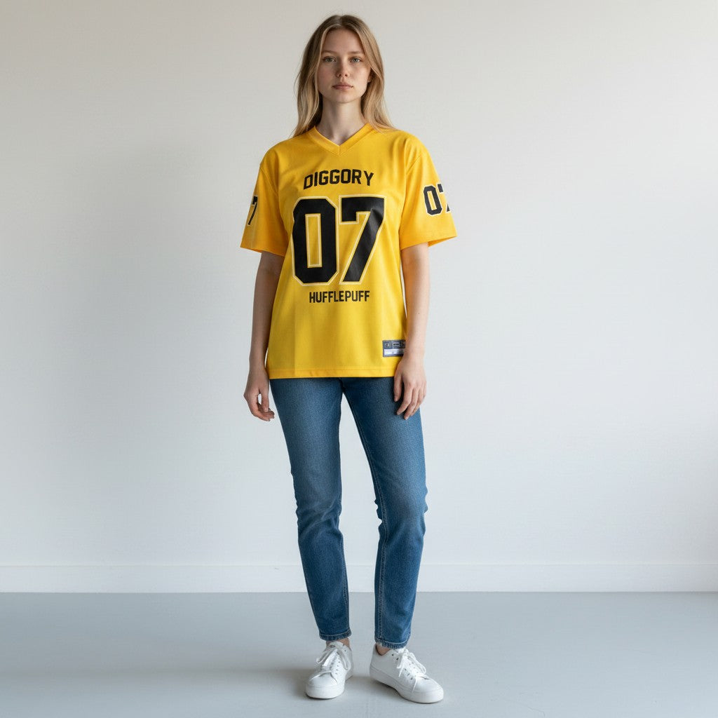 Modèle portant le t-shirt La boutique Aux 2 Balais jaune et noir style Quidditch Poufsouffle avec le numéro 07