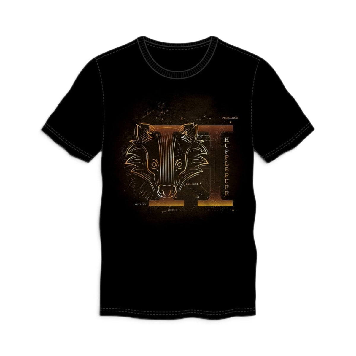 Tee-shirt noir en coton La boutique Aux 2 Balais avec blason Poufsouffle doré et détails Harry Potter