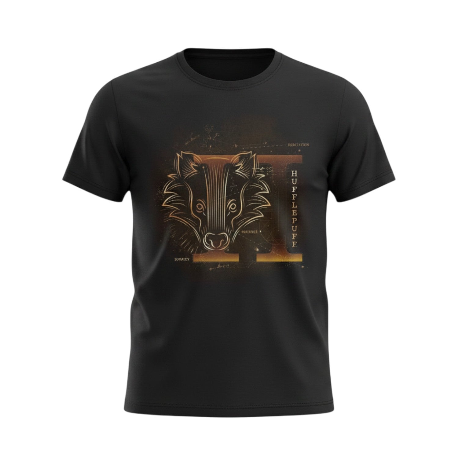 Tee-shirt noir La boutique Aux 2 Balais en coton avec blason Poufsouffle stylisé et lettrage doré