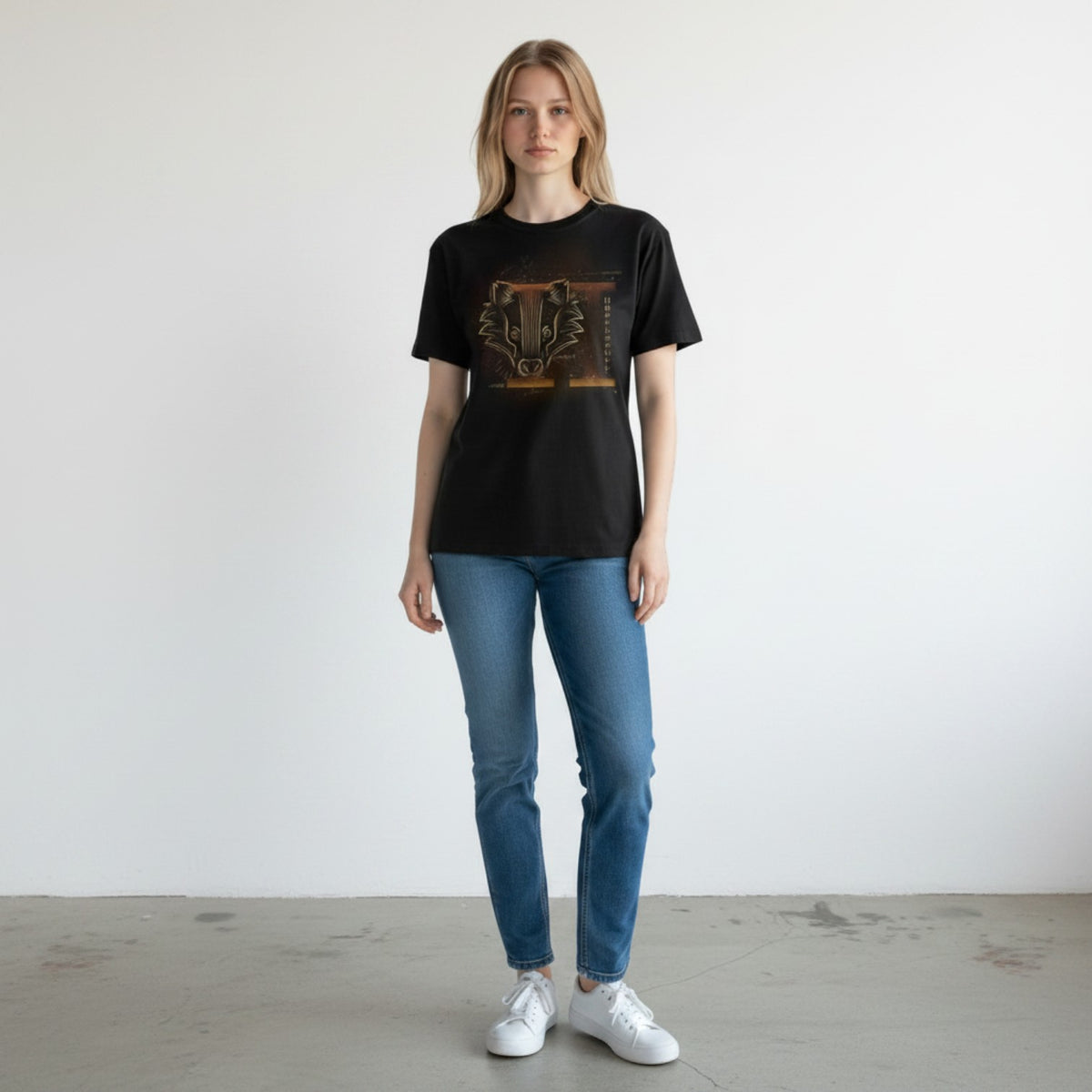 Modèle portant un tee-shirt noir La boutique Aux 2 Balais en coton avec le blason Poufsouffle Harry Potter