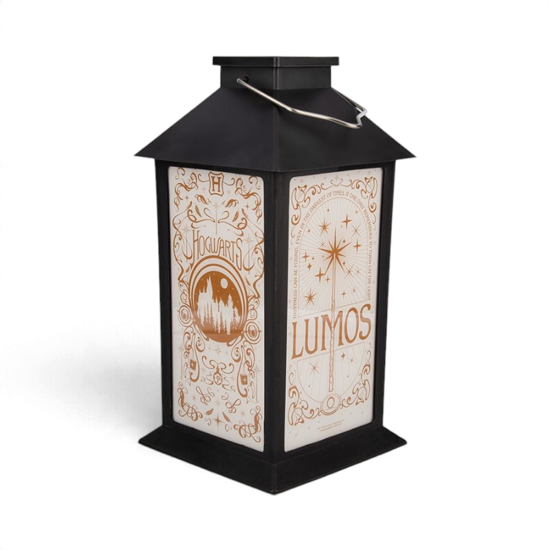 Lanterne solaire extérieure La boutique Aux 2 Balais Poudlard noire avec motif Lumos et poignée de transport