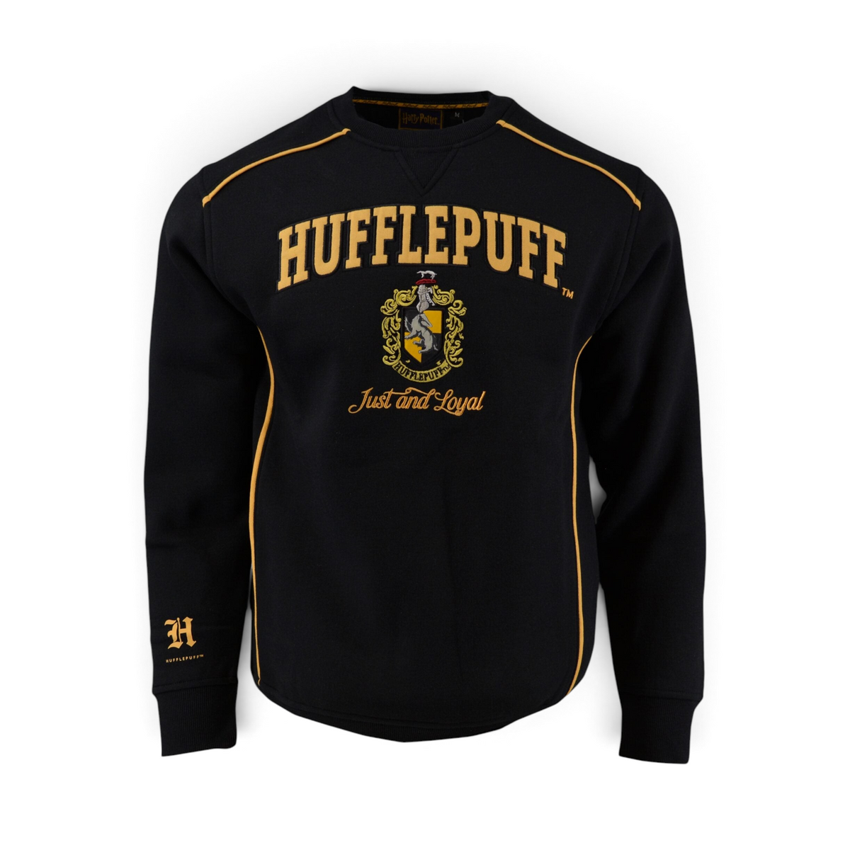 Sweatshirt noir La boutique Aux 2 Balais Poufsouffle en molleton avec blason brodé et détails dorés Harry Potter