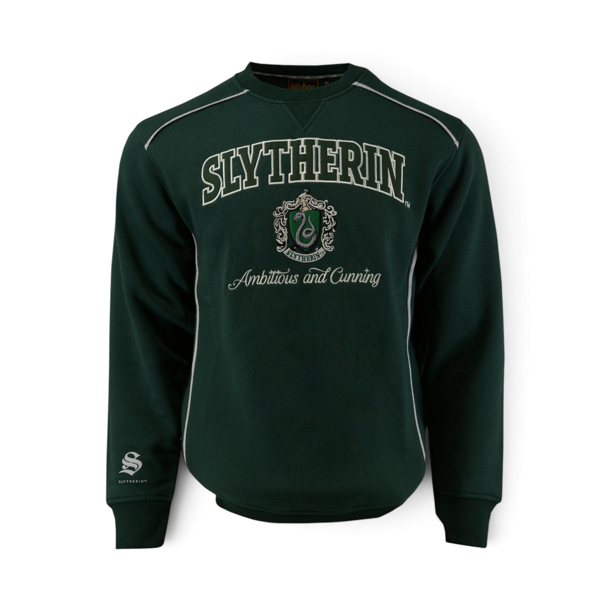 Sweatshirt vert Serpentard La boutique Aux 2 Balais avec blason brodé et inscription Ambitious and Cunning