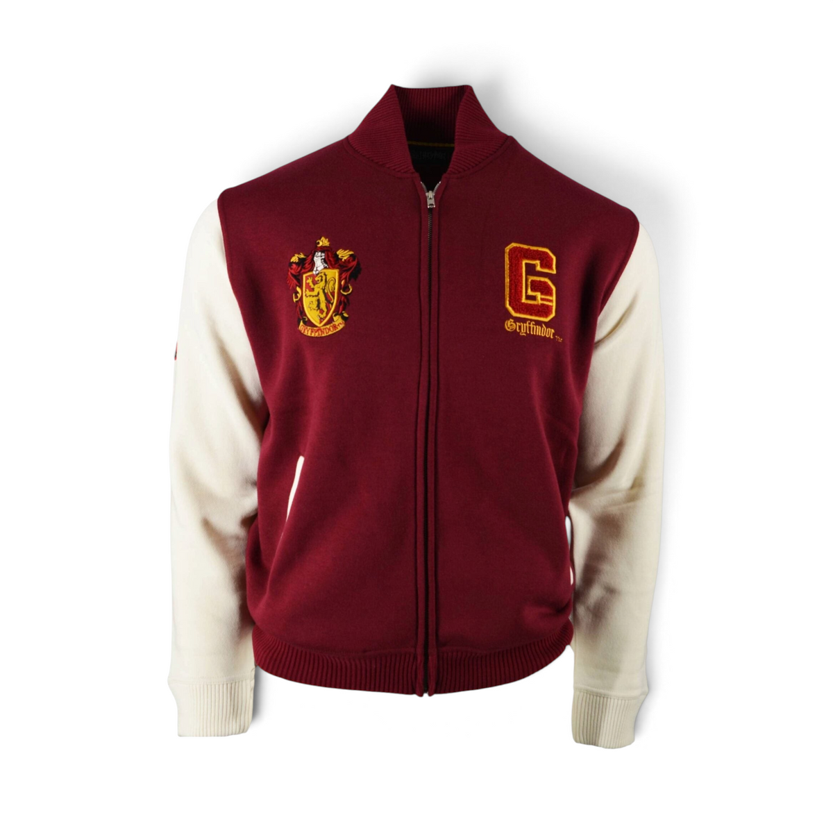 Veste Teddy Gryffondor La boutique Aux 2 Balais bordeaux et crème avec écussons brodés style universitaire vintage