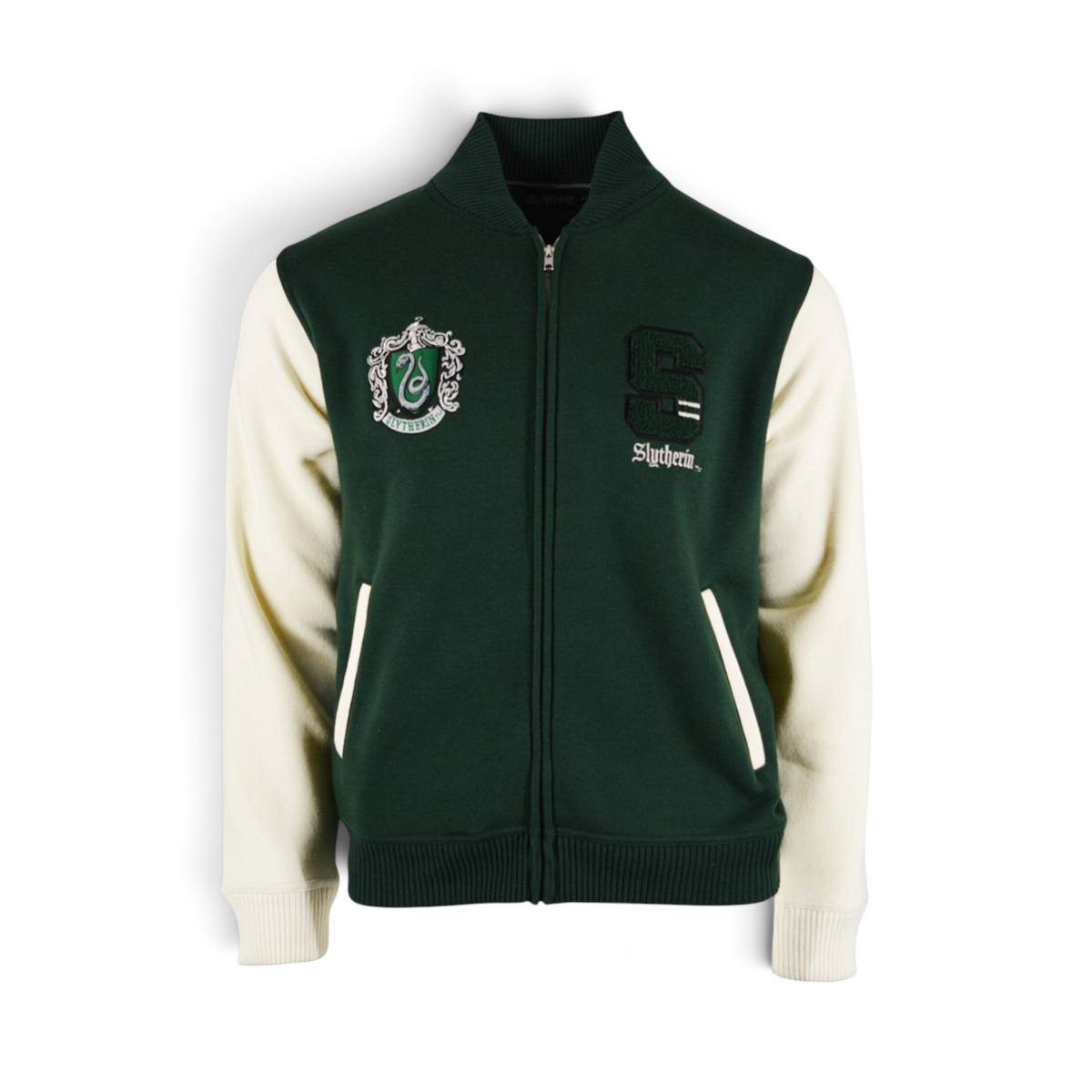Veste universitaire La boutique Aux 2 Balais Serpentard verte et crème avec écussons brodés style vintage